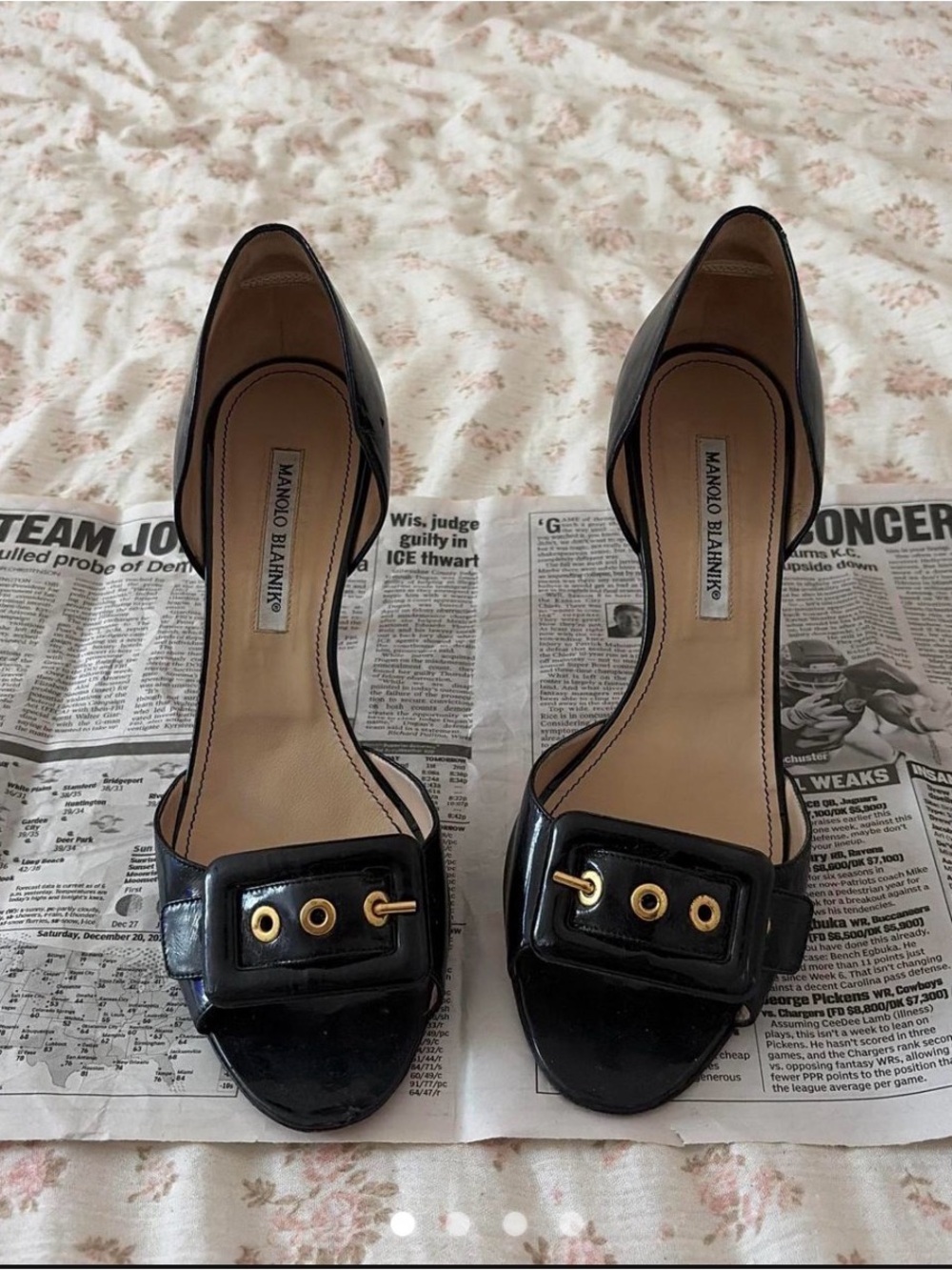 Manolo Blahnik Black Patent Leather D'Orsay Heels with Buckle
